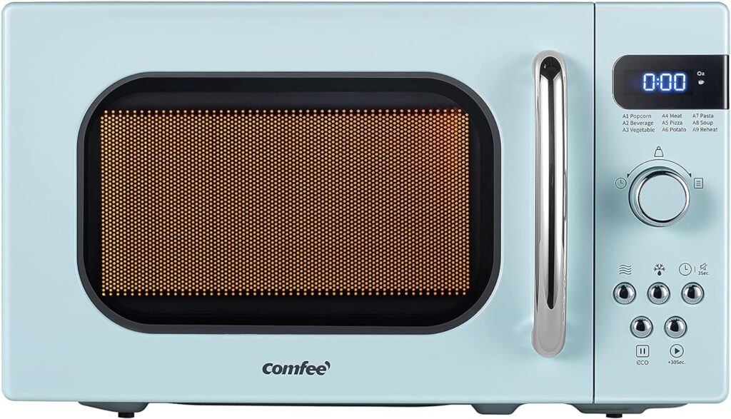 COMFEE Retro Small Microwave Oven With Compact Size, 9 Preset Menus, Position-Memory Turntable, Mute Function, Countertop Microwave For Small Spaces, 0.7 Cu Ft/700W, Green, AM720C2RA-G