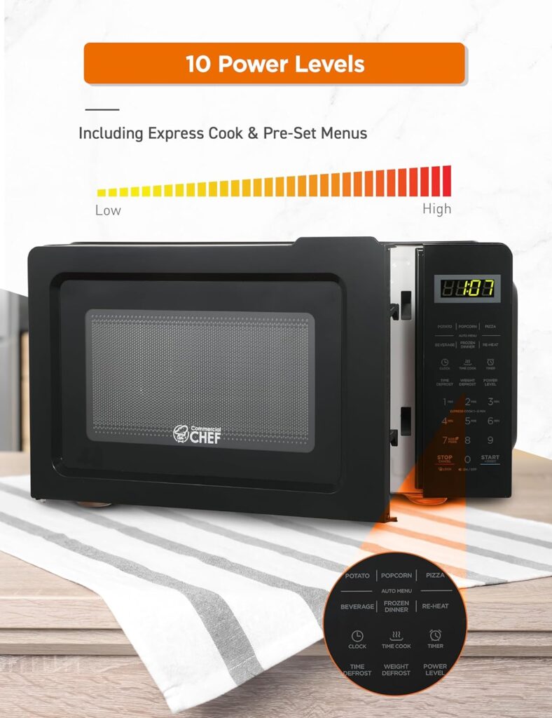 COMMERCIAL CHEF 0.6 Cubic Foot Microwave with 6 Power Levels, Small Microwave with Grip Handle, 600W Countertop Microwave with 30 Minute Timer and Mechanical Dial Controls, Black