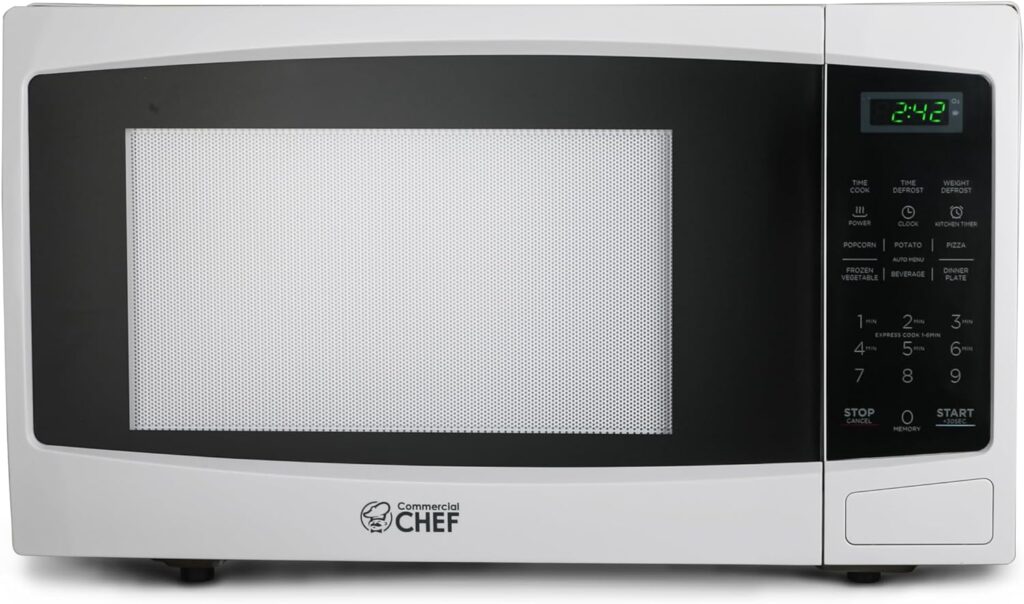 COMMERCIAL CHEF 1.1 Cu Ft Microwave with 10 Power Levels, Microwave 1000W with Push Button Door Lock, Countertop Microwave with Microwave Turntable and Digital Controls, White
