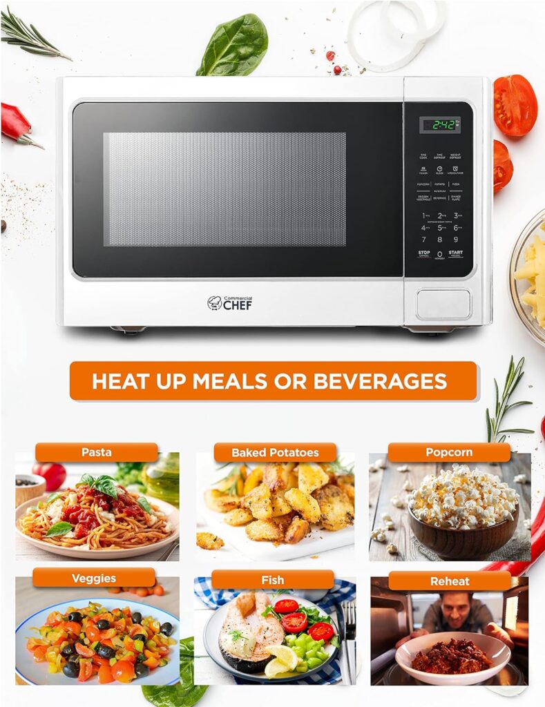 COMMERCIAL CHEF 1.6 Cubic Foot Microwave with 10 Power Levels, Small Microwave with Push Button, 1000 Watt Microwave with Digital Control Panels, Countertop Microwave with Timer, White