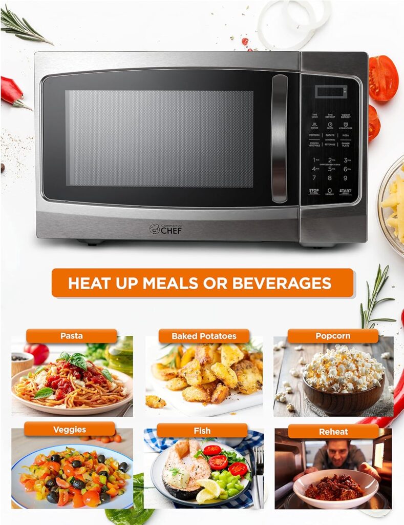 COMMERCIAL CHEF 1.6 Cubic Foot Microwave with 10 Power Levels, Small Microwave with Push Button, 1000 Watt Microwave with Digital Control Panels, Countertop Microwave with Timer, White