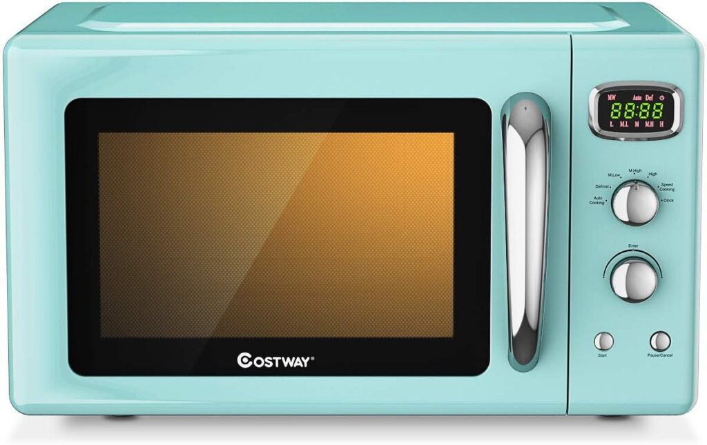 COSTWAY Retro Countertop Microwave Oven, 0.9Cu.ft, 900W Microwave Oven, with 5 Micro Power, Defrost  Auto Cooking Function, LED Display, Glass Turntable and Viewing Window, Child Lock