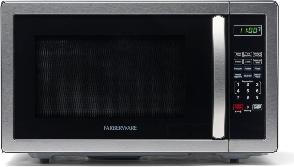 Farberware Countertop Microwave 1000 Watts, 1.1 cu ft - Microwave Oven With LED Lighting and Child Lock - Perfect for Apartments and Dorms - Easy Clean Stainless Steel