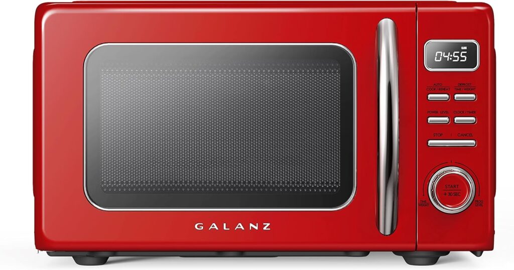 Galanz GLCMKZ07RDR07 Retro Countertop Microwave Oven with Auto Cook  Reheat, Defrost, Quick Start Functions, Easy Clean with Glass Turntable, Pull Handle.7 cu ft, Red