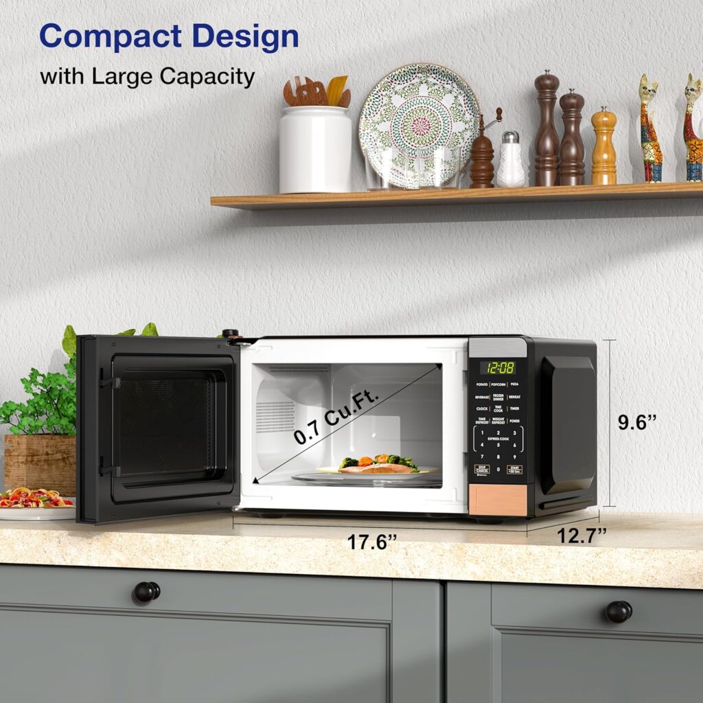 JOY Kitchen Compact Countertop Microwave Oven with LED Display, 6 Auto-Preset Menus, Child Lock, Defrost  Express Cooking Features, 0.7 Cu. Ft. 700W, Stainless Steel,Silver