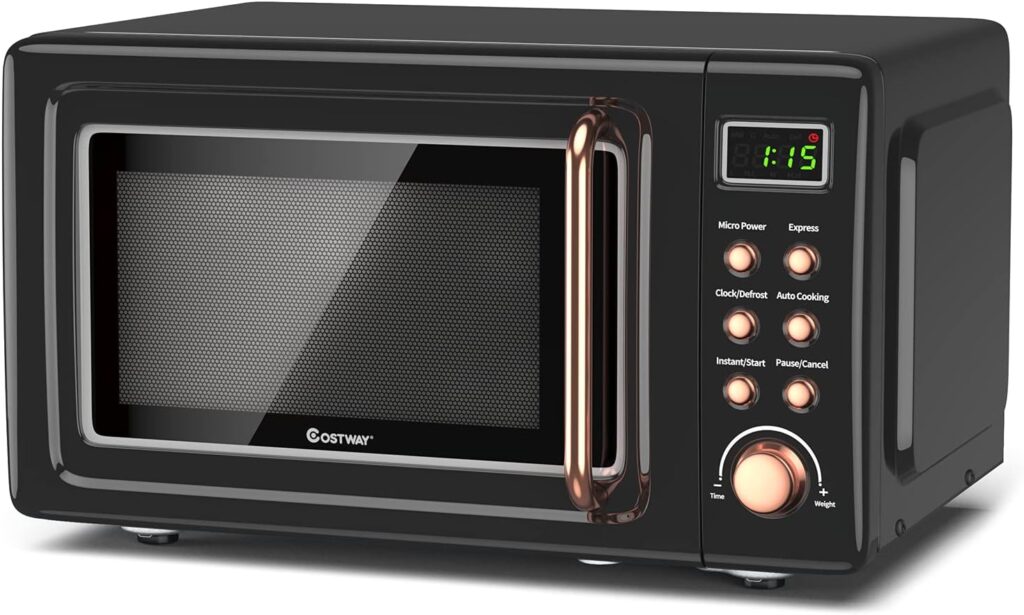 Moccha Compact Retro Microwave Oven, 0.7Cu.ft, 700-Watt Countertop Microwave Ovens w/5 Micro Power, Delayed Start Function, LED Display, Child Lock (Gold)