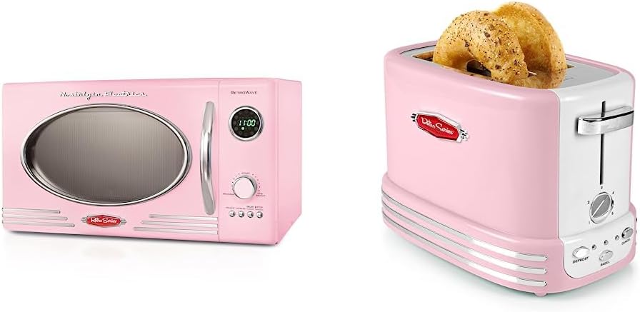 Nostalgia Retro Countertop Microwave Oven - Large 800-Watt - 0.9 cu ft - 12 Pre-Programmed Cooking Settings - Digital Clock - Kitchen Appliances - Pink  Retro Wide 2-Slice Toaster, Vintage Design