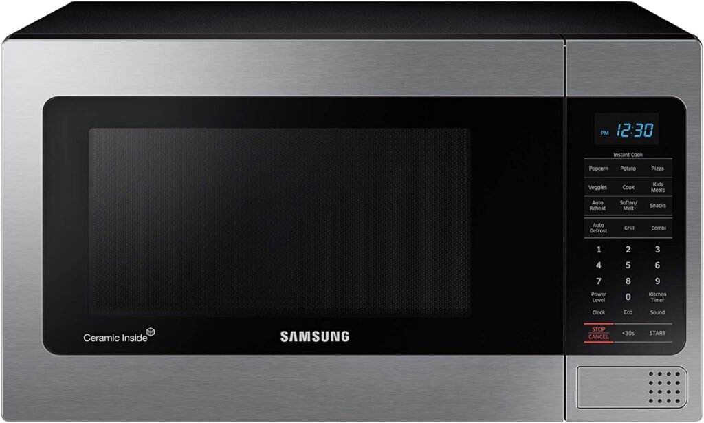 SAMSUNG 1.1 Cu Ft Countertop Microwave Oven w/ Grilling Element, Ceramic Enamel Interior, Auto Cook Options,1000 Watt, MG11H2020CT/AA, Stainless Steel, Black w/ Mirror Finish,15.8D x 20.4W x 11.7H