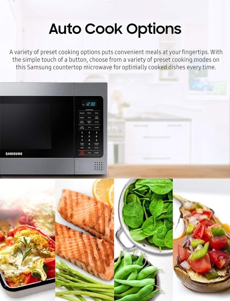 SAMSUNG 1.1 Cu Ft Countertop Microwave Oven w/ Grilling Element, Ceramic Enamel Interior, Auto Cook Options,1000 Watt, MG11H2020CT/AA, Stainless Steel, Black w/ Mirror Finish,15.8D x 20.4W x 11.7H