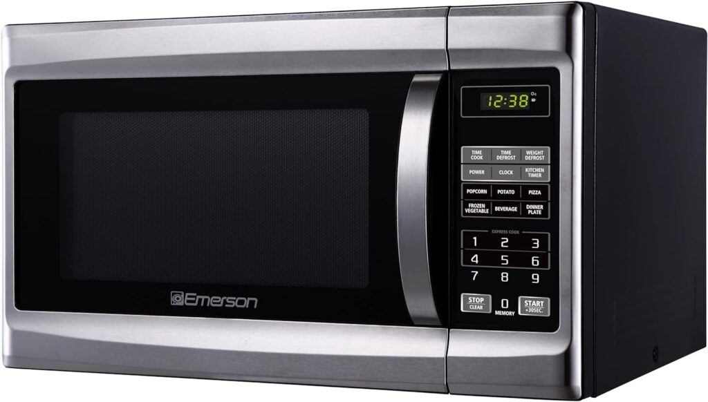 Emerson MW1338SB Countertop Microwave Oven, 6 Pre-Programmed Settings, Removable Glass Turntable, Child Safety Lock, 1.3 Cu ft, 1000W, Stainless Steel
