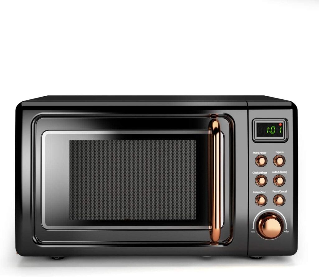 Retro Countertop Microwave Oven, Large 0.7Cu.ft, 700-Watt, Cold Rolled Steel Countertop with Time Setting, Glass Turntable Plate, Pre-Programmed Cooking Settings, LED Display, Child Lock (Rose Gold)