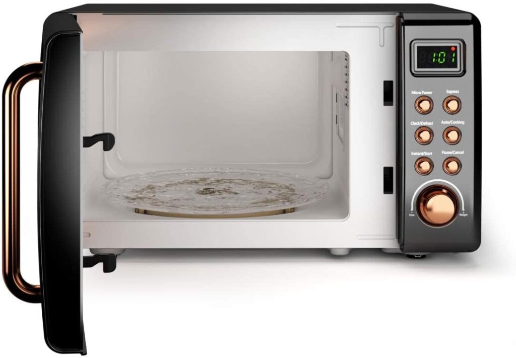 Retro Countertop Microwave Oven, Large 0.7Cu.ft, 700-Watt, Cold Rolled Steel Countertop with Time Setting, Glass Turntable Plate, Pre-Programmed Cooking Settings, LED Display, Child Lock (Rose Gold)